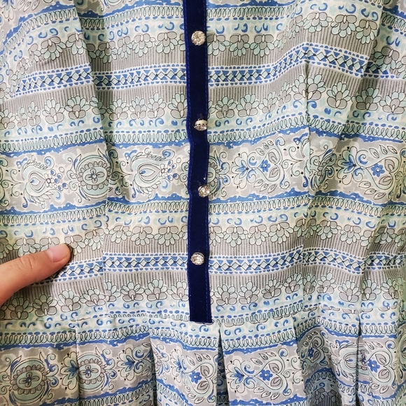 Vtg 1950s Blue Print Patterned Sun Dress Size XS Sock Hop Tea Length Rockabilly - Picture 2 of 15